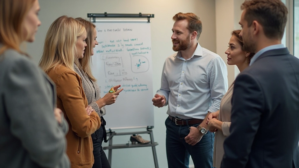 Team in een vergaderruimte dat samen naar een whiteboard kijkt met ideeÃ«n erop geschreven, samenwerking in actie