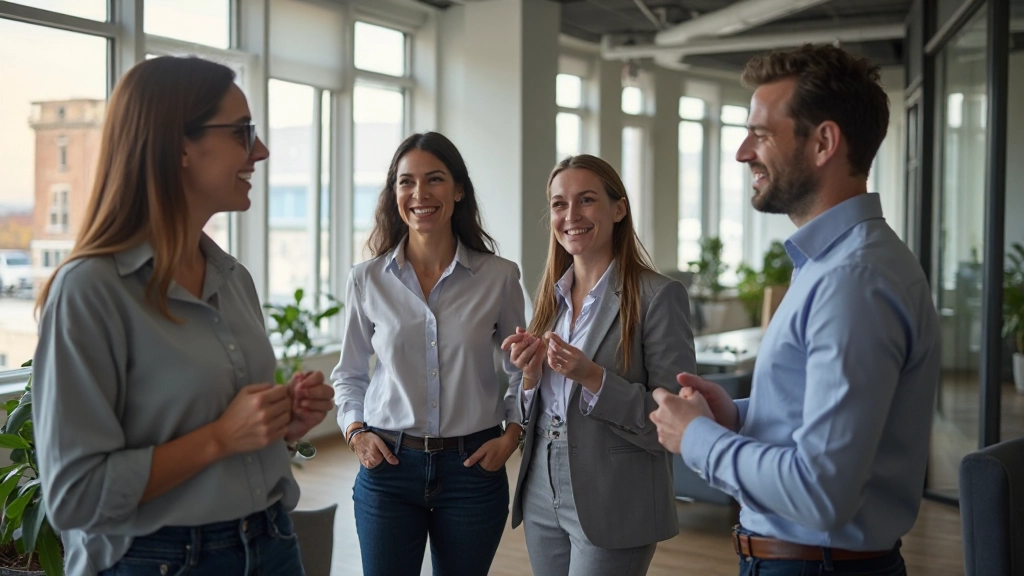 Team members smiling after a productive conversation, diverse group in modern workspace