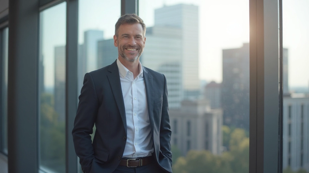 Professionele foto van realistische man van 45 jaar, volledig gekleed in blazer, staande voor raam met uitzicht op stad, zelfvertrouwen uitstralend, modern kantoor, zacht licht, onscherpe achtergrond, GEEN tekst, GEEN watermerk