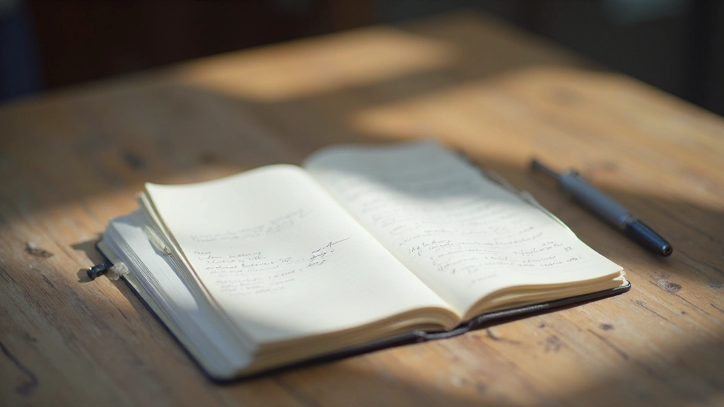 Open notitieboek met handgeschreven gedachten en positieve herformuleringen, pen ernaast op een houten tafel