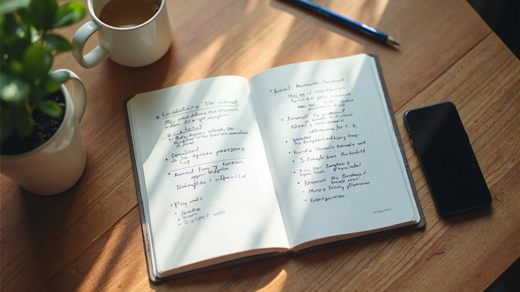Notitieblok met handgeschreven aantekeningen op een bureau met kopje koffie en telefoon in zachte ochtendlicht