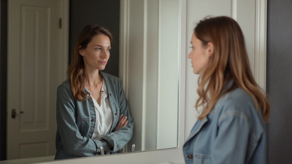 Persoon die in een spiegel kijkt, zelfreflectie en inzicht moment, acceptatie van jezelf zien