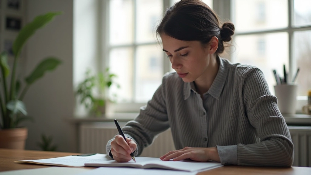 Close-up van iemand die aantekeningen maakt in een notitieboek, reflectief moment van zelfonderzoek en persoonlijke groei