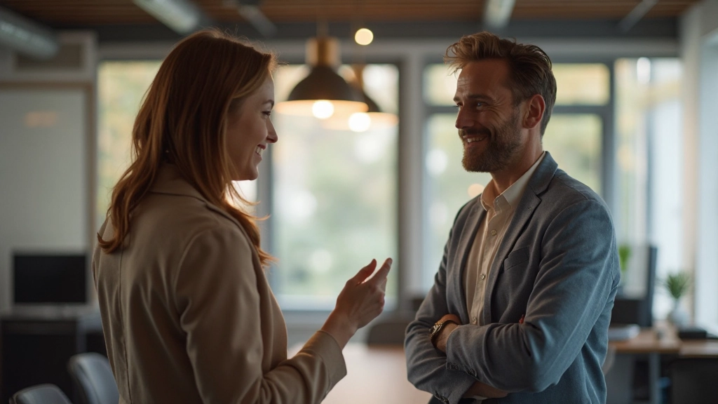 Twee collega's in een open gesprek, ontspannen lichaamstaal, één persoon luistert aandachtig